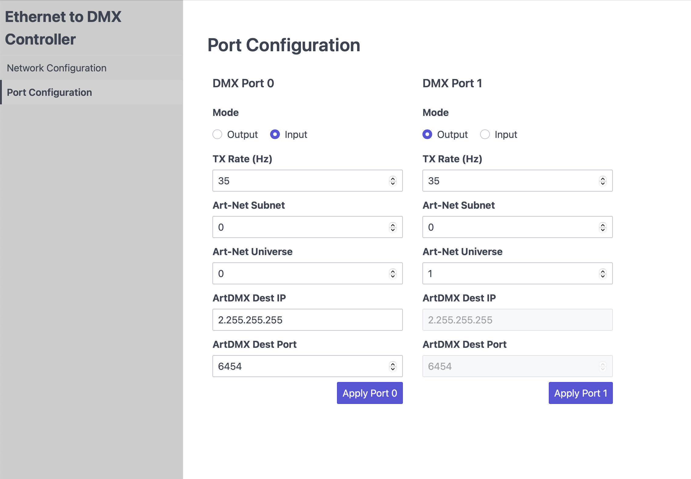 The configuration webpage when viewed on a networked PC