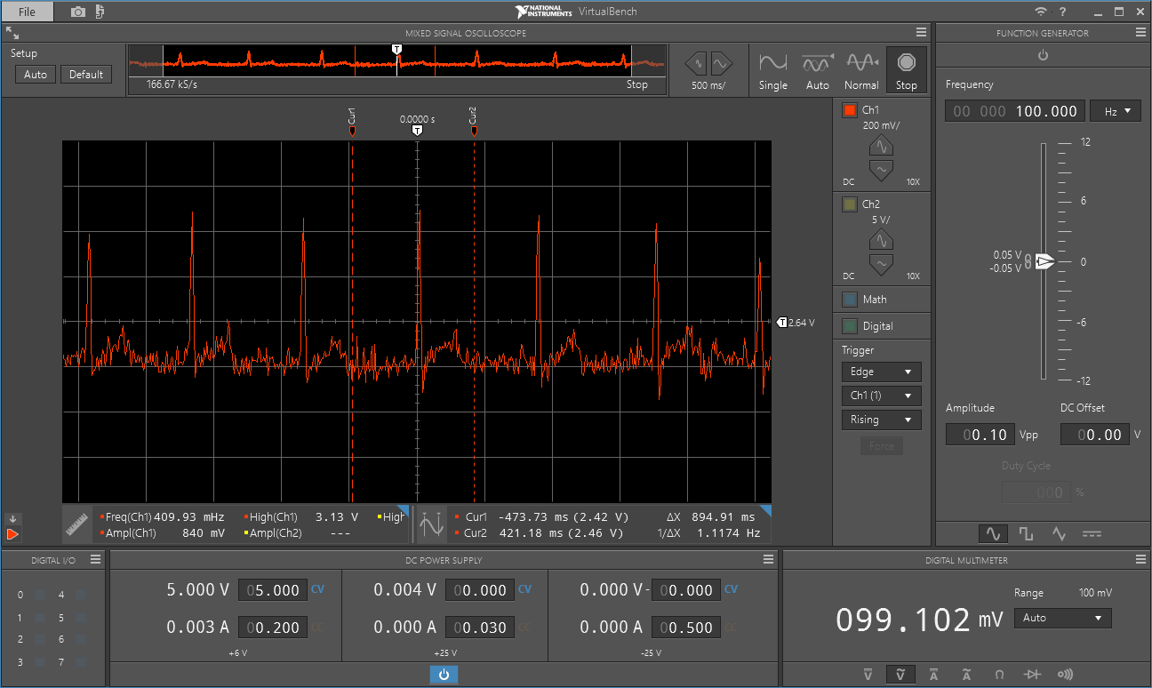 Oscilloscope screenshot of the signal at ~1Hz, or 60 BPM