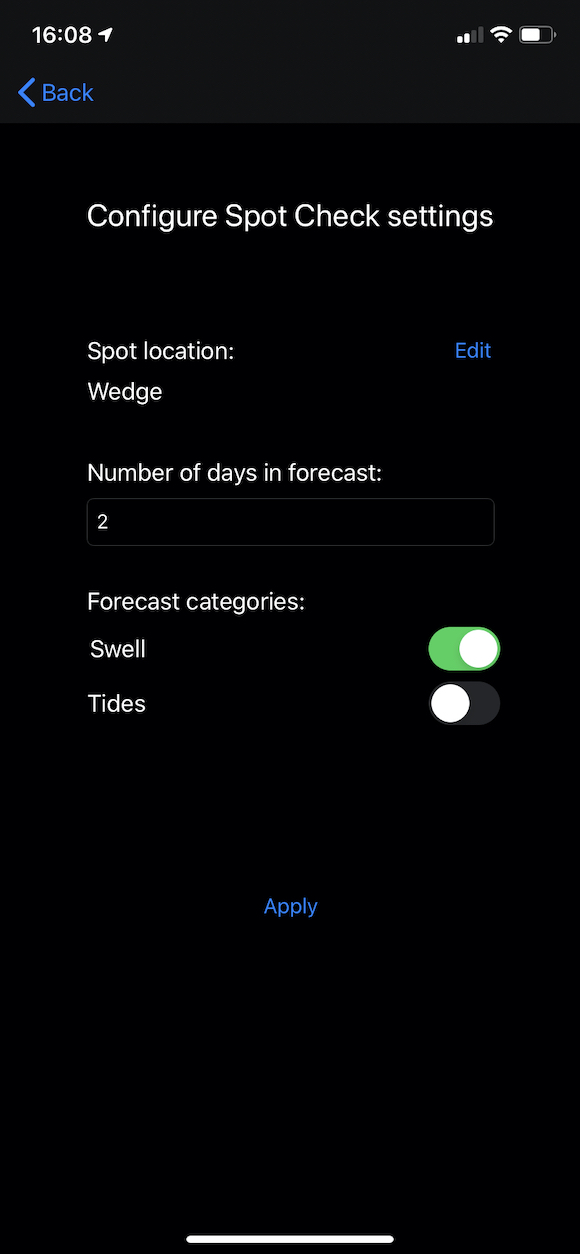 The settings configuration screen for users to set their spot preferences in the app