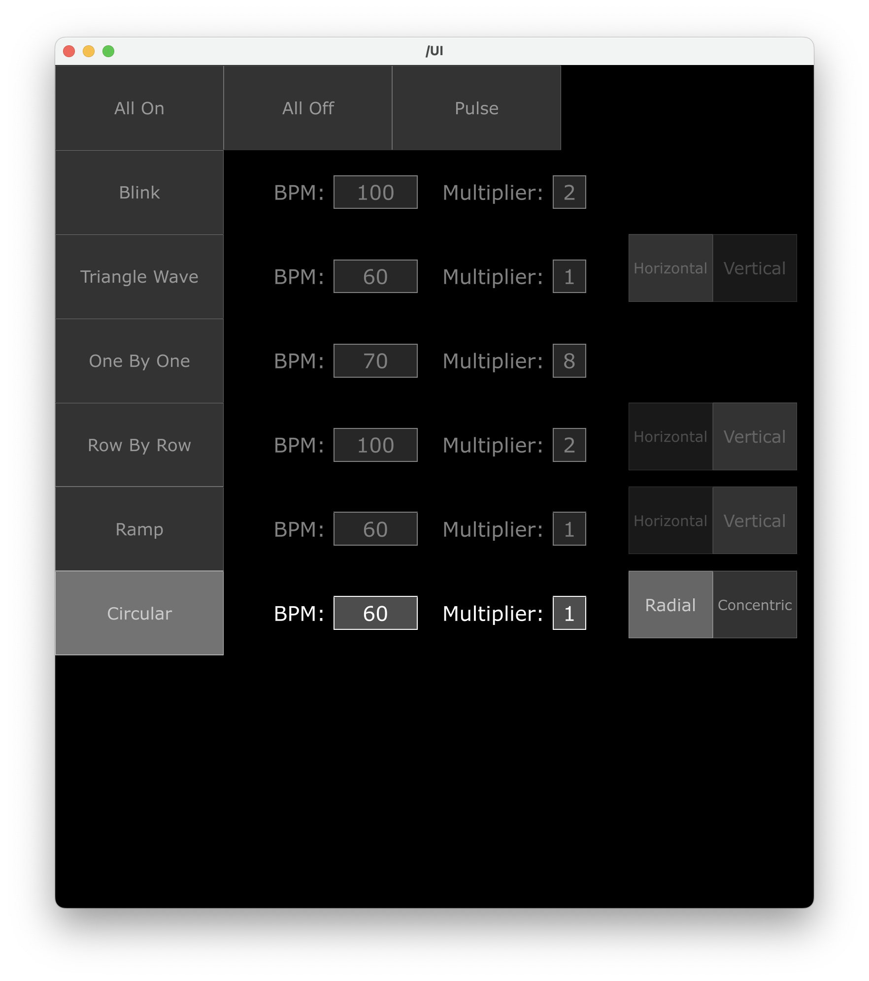 The UI designed in TouchDesigner for changing patterns and parameters