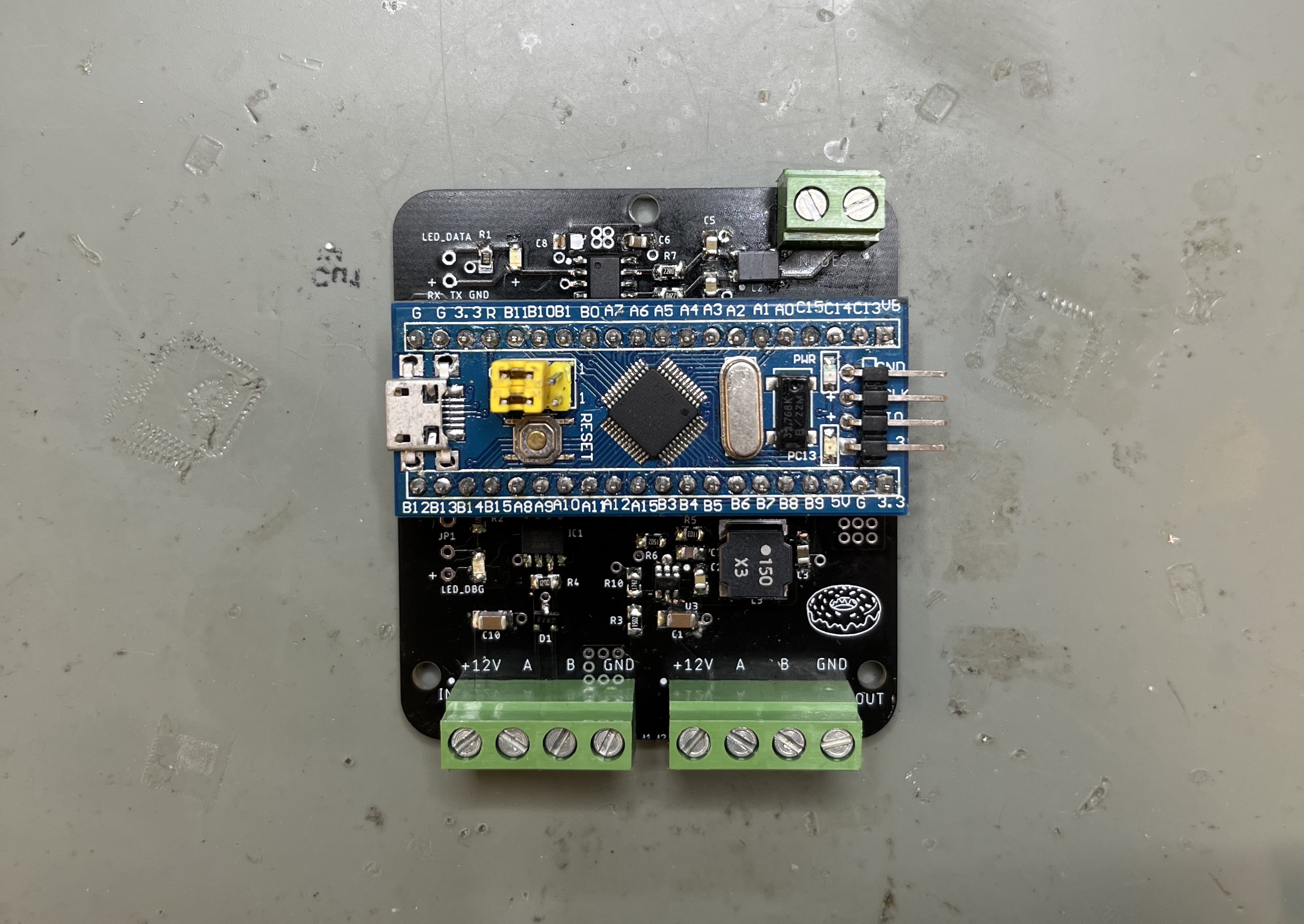 Assembled light valve driver PCB rev 1.1 with STM32 dev board