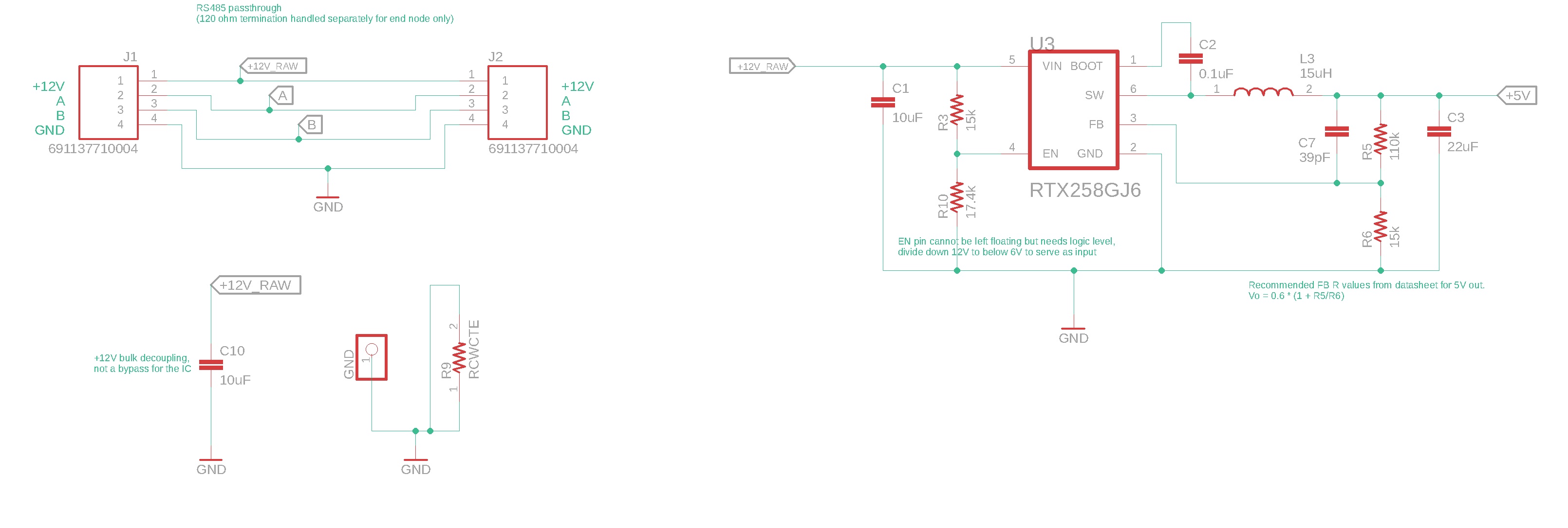 The daisy-chained input/output connectors, the switching regulator, and debug test points