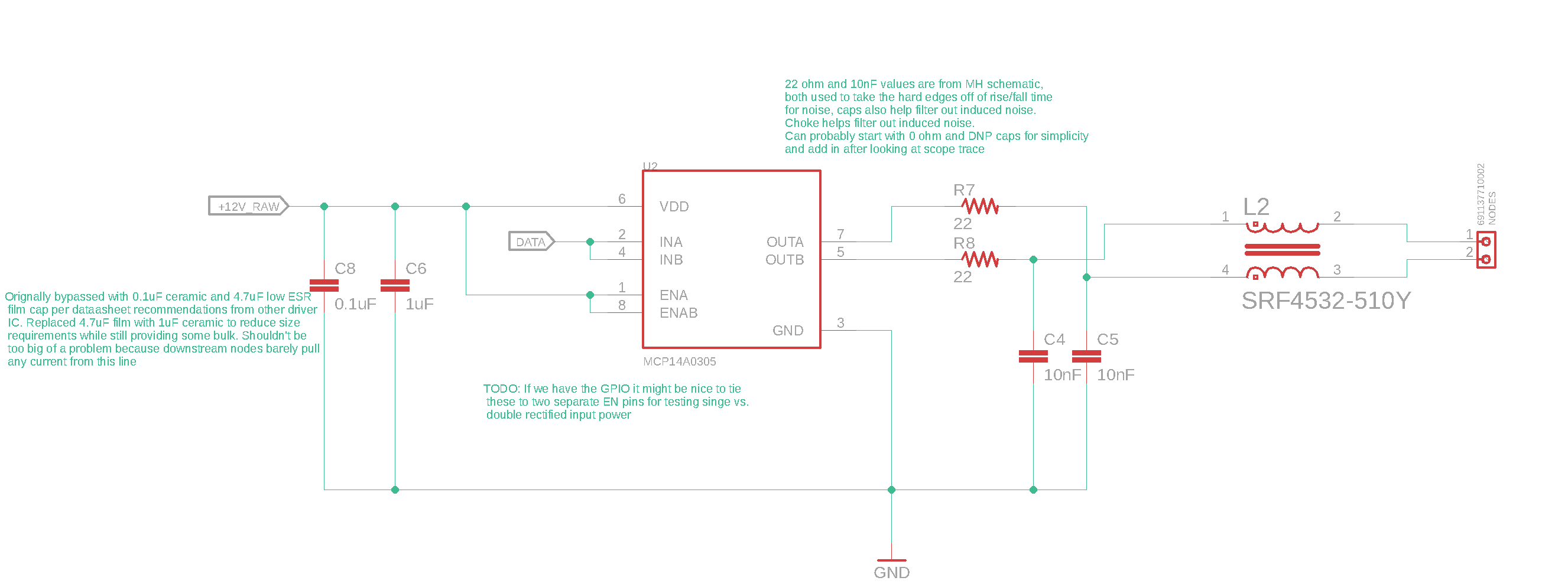The output line driver, current limiting resistors, decoupling caps, and choke