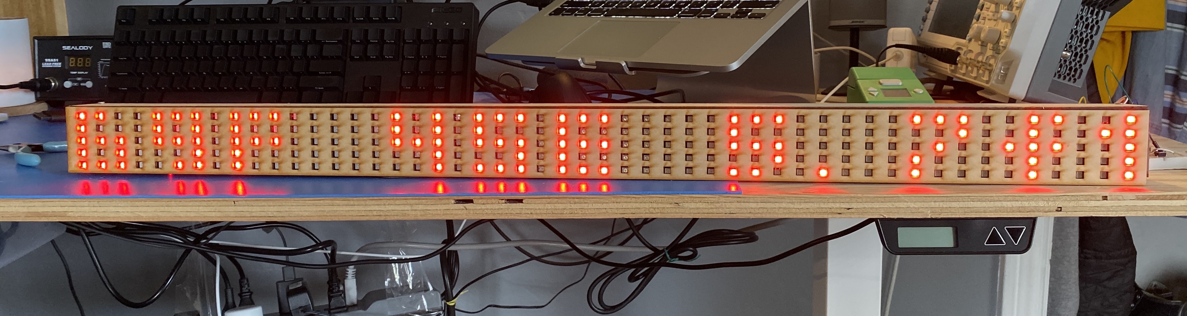 Front view of the prototype assembly displaying air temp, wind direction (degree and cardinal), and the tide height